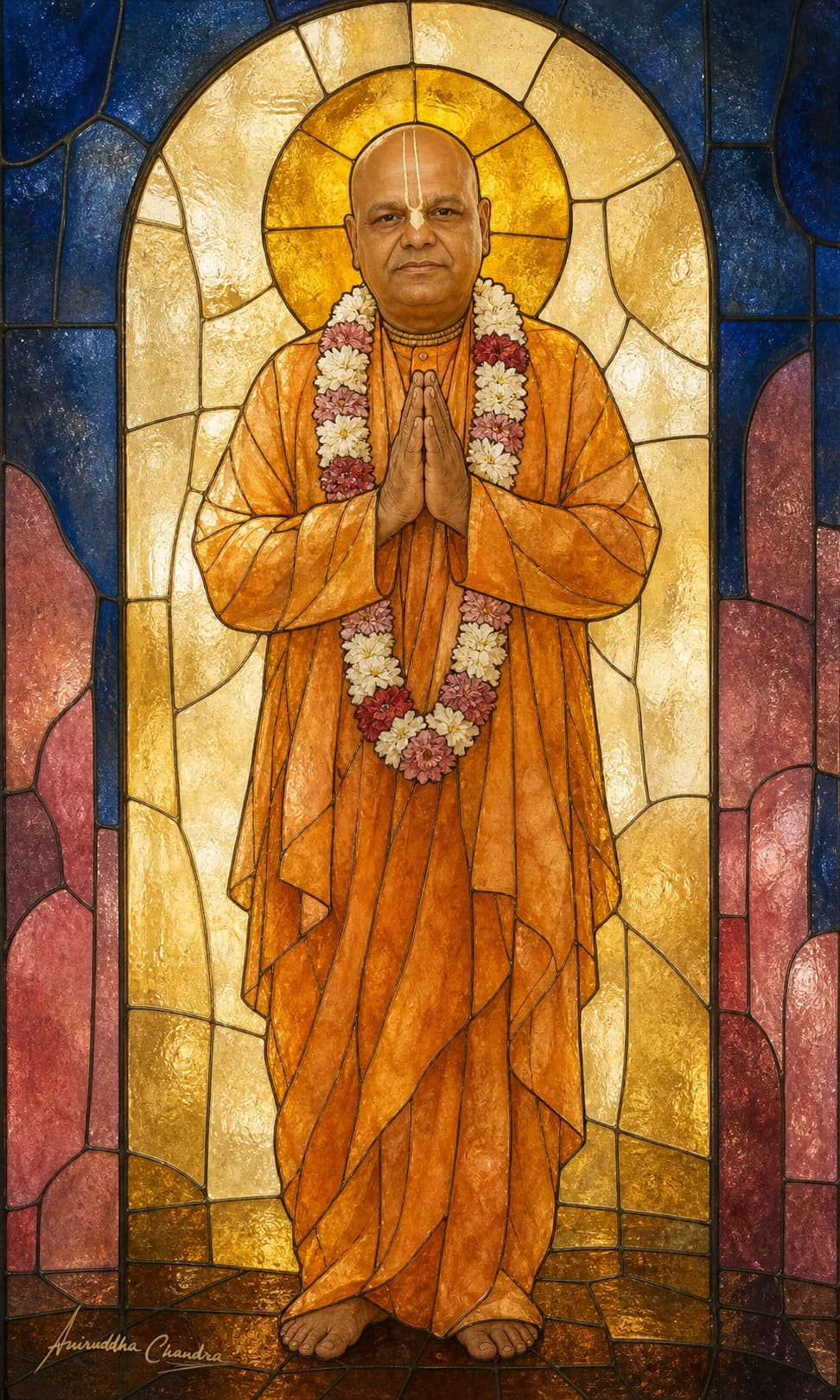 Full-length stained glass portrait of Śrīla Rādhā Govinda Dāsa Gosvāmī Mahārāja with folded hands