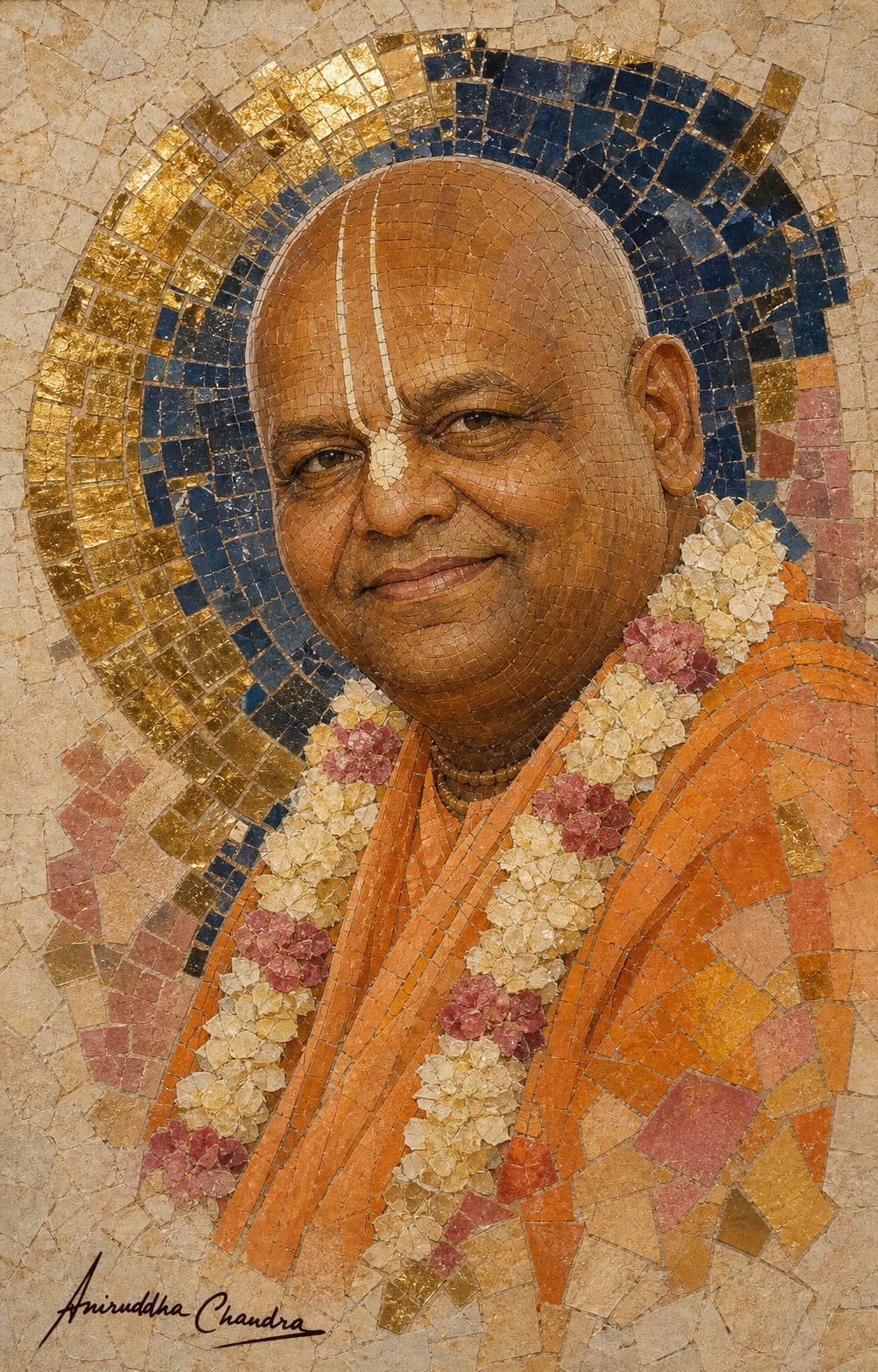 Glass and stone mosaic portrait of Śrīla Rādhā Govinda Dāsa Gosvāmī Mahārāja