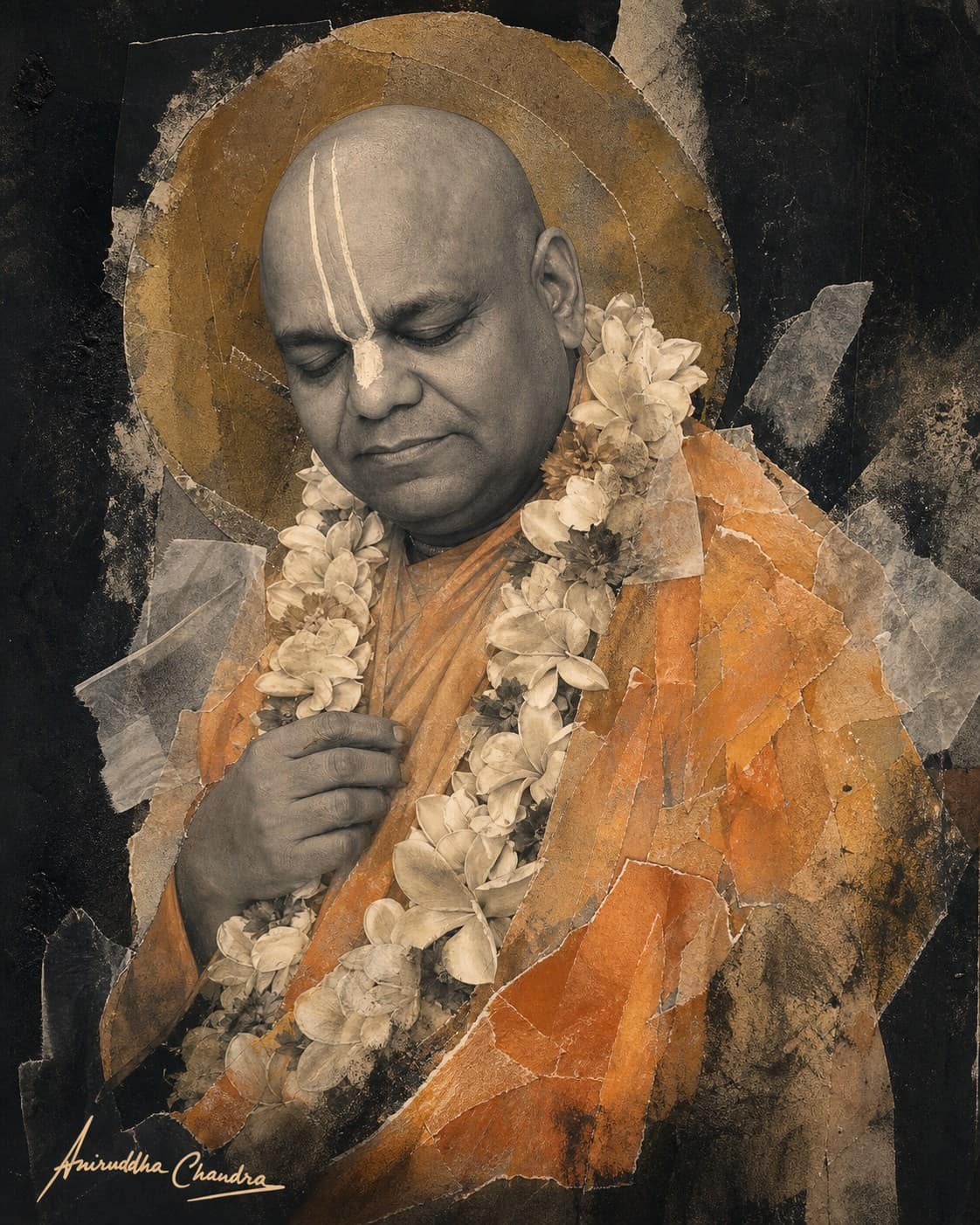 Torn-paper collage portrait of Śrīla Rādhā Govinda Dāsa Gosvāmī Mahārāja in prayer