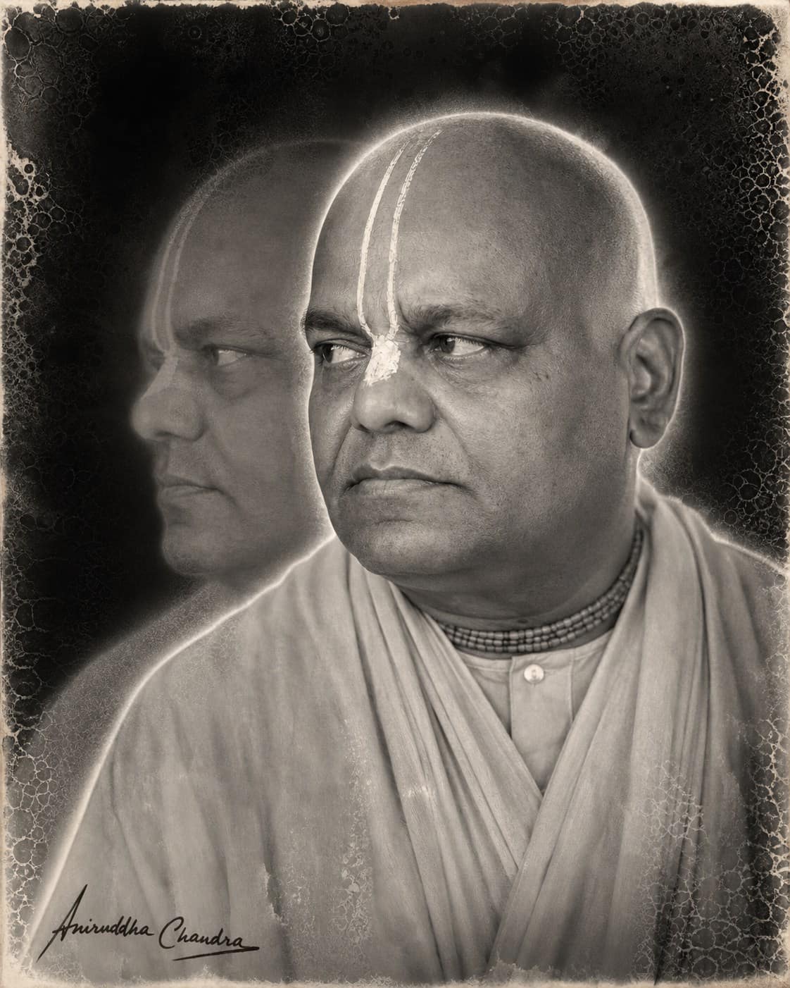 Experimental double portrait of Śrīla Rādhā Govinda Dāsa Gosvāmī Mahārāja in monochrome