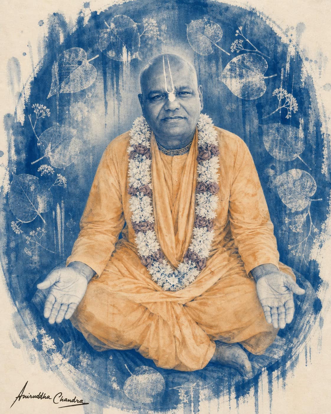 Cyanotype-inspired portrait of Śrīla Rādhā Govinda Dāsa Gosvāmī Mahārāja with botanical photograms