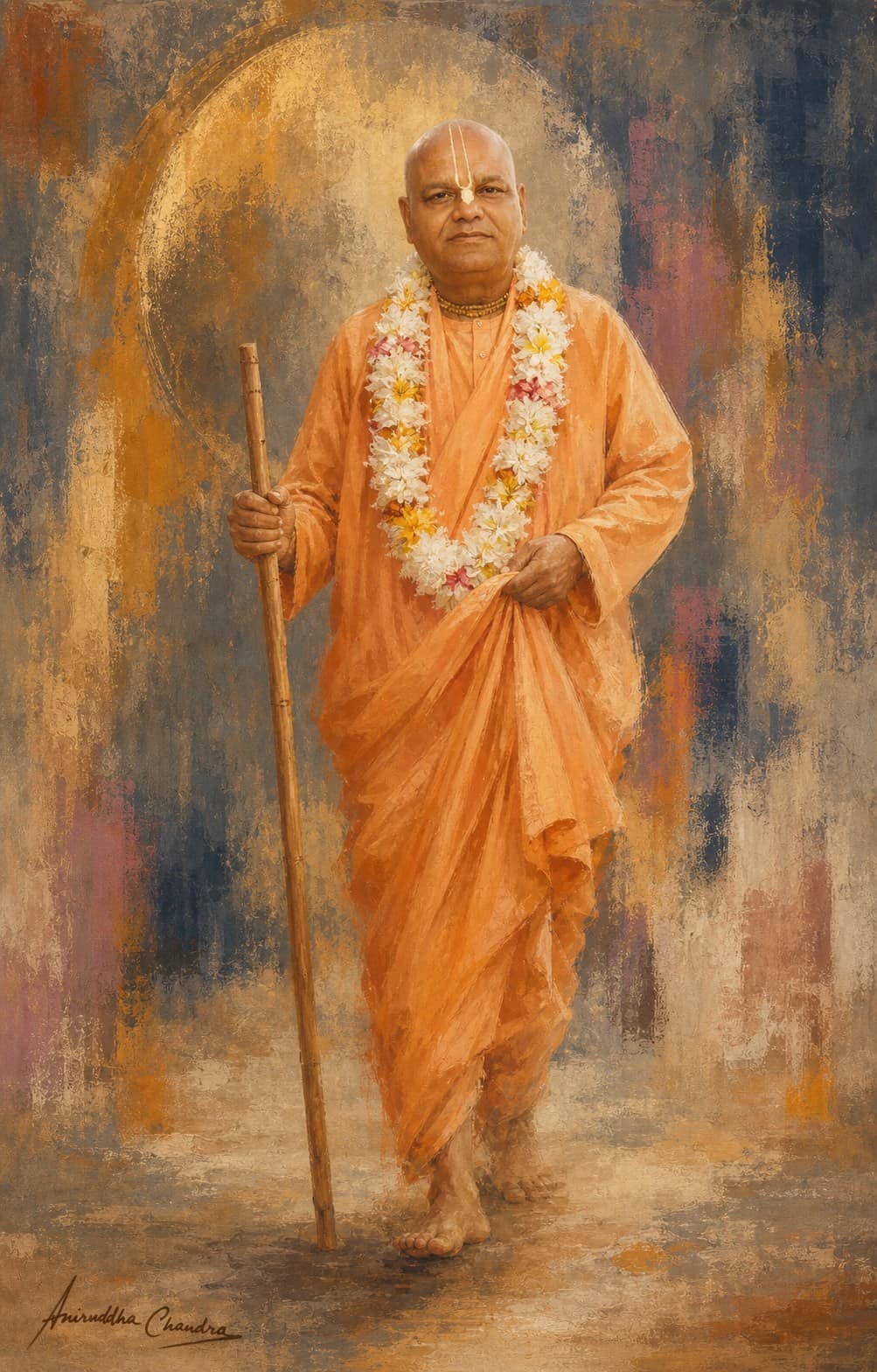 Palette-knife painting of Śrīla Rādhā Govinda Dāsa Gosvāmī Mahārāja standing with a staff