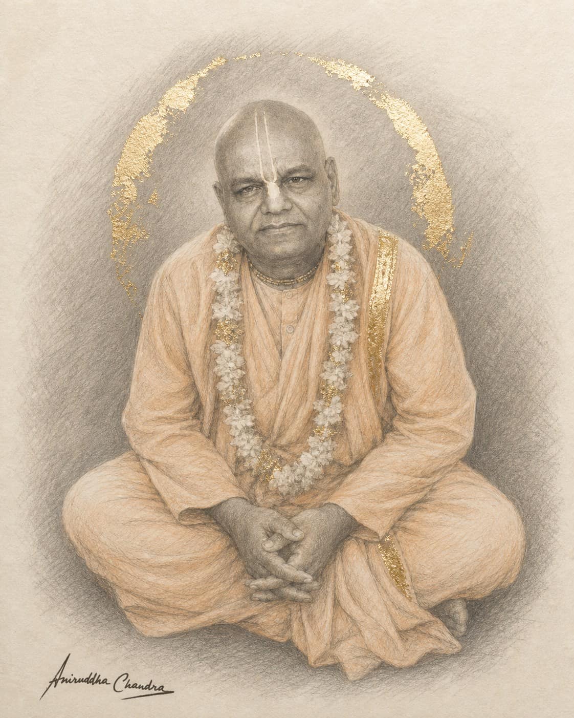 Graphite and gold-leaf portrait of Śrīla Rādhā Govinda Dāsa Gosvāmī Mahārāja