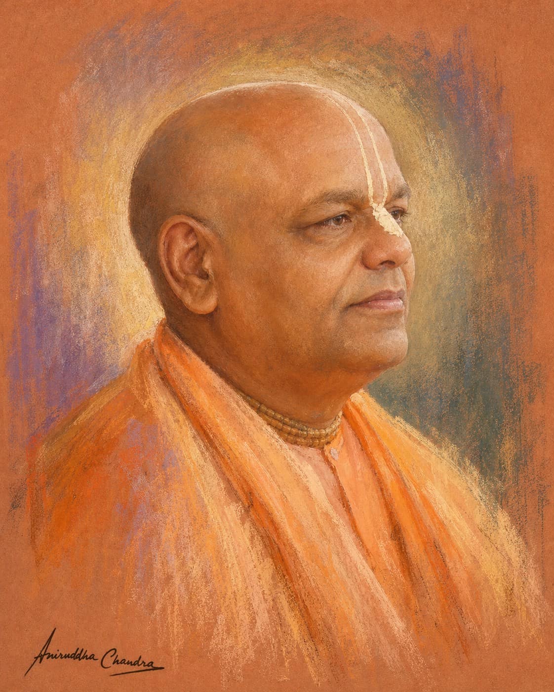Soft pastel profile portrait of Śrīla Rādhā Govinda Dāsa Gosvāmī Mahārāja