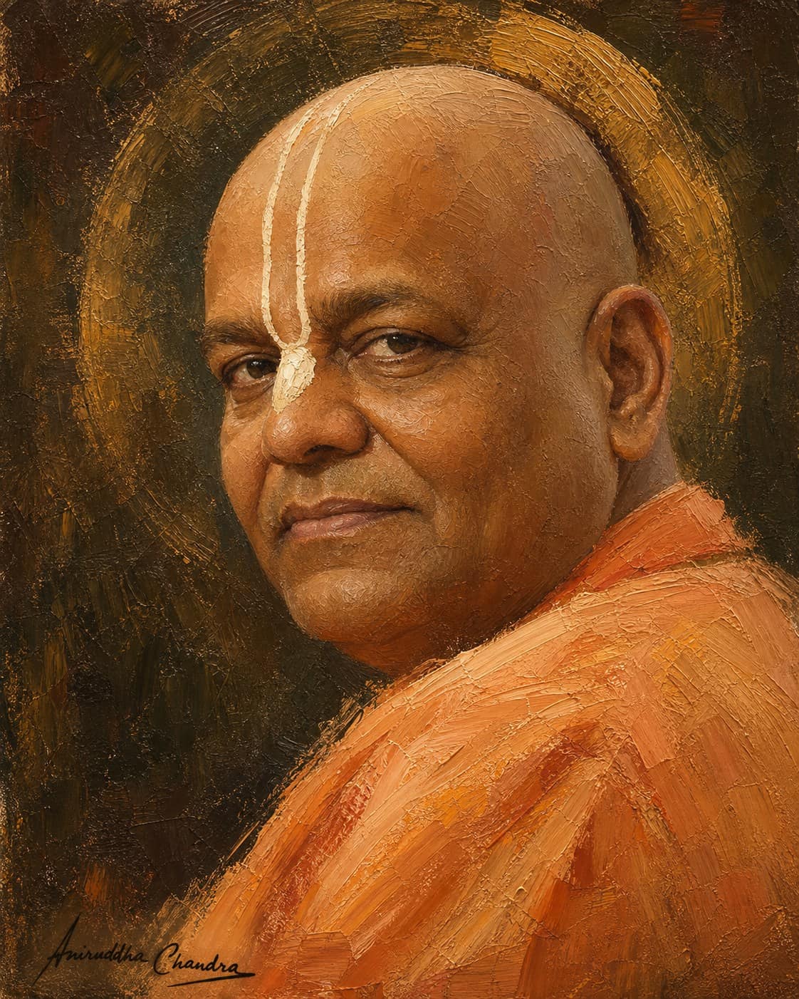 Impasto oil-style portrait of Śrīla Rādhā Govinda Dāsa Gosvāmī Mahārāja