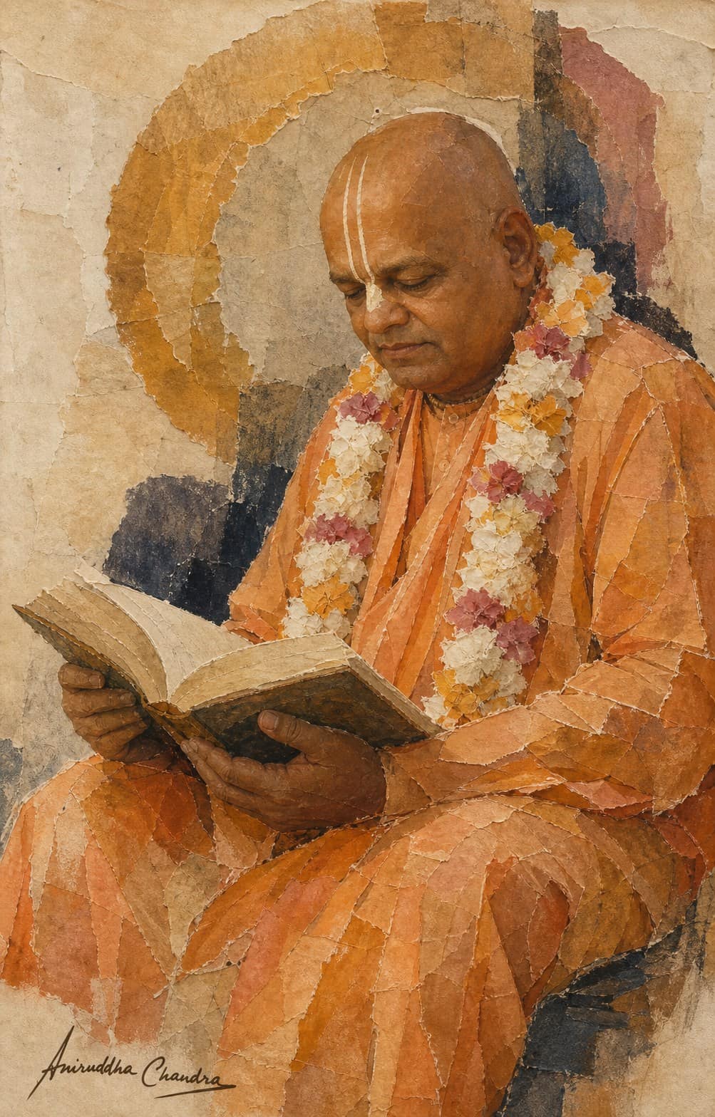 Handmade-paper collage of Śrīla Rādhā Govinda Dāsa Gosvāmī Mahārāja reading a book
