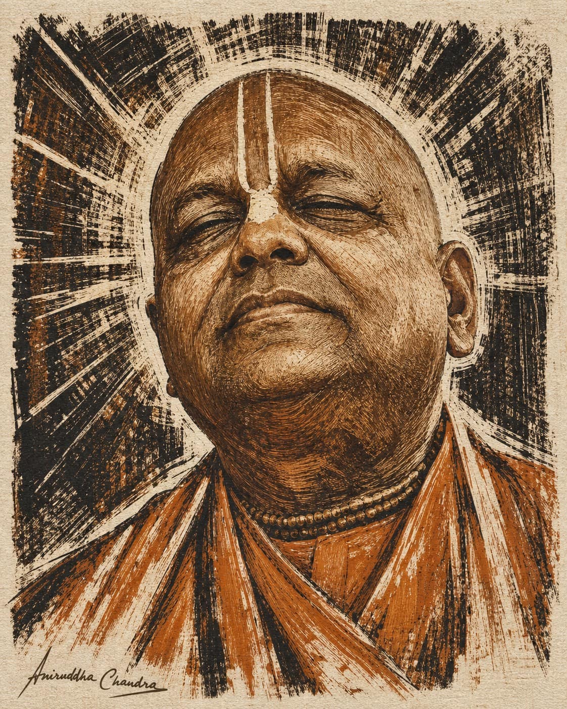 Expressive woodcut portrait of Śrīla Rādhā Govinda Dāsa Gosvāmī Mahārāja with closed eyes