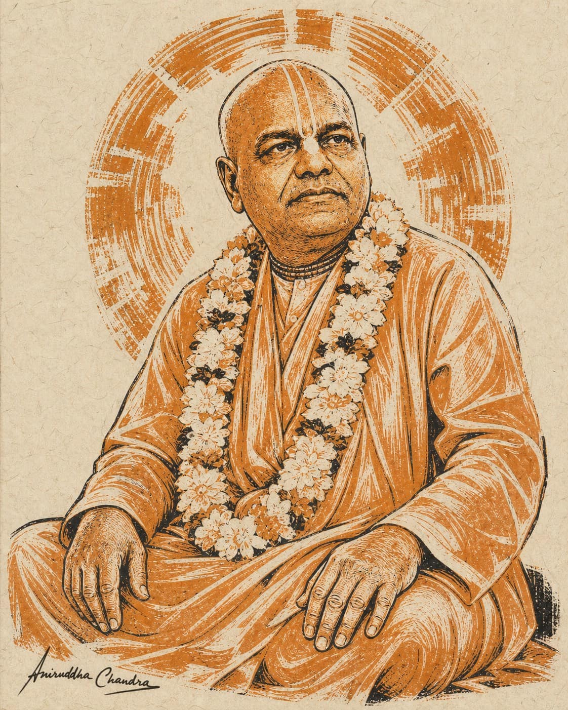 Two-color linocut portrait of Śrīla Rādhā Govinda Dāsa Gosvāmī Mahārāja
