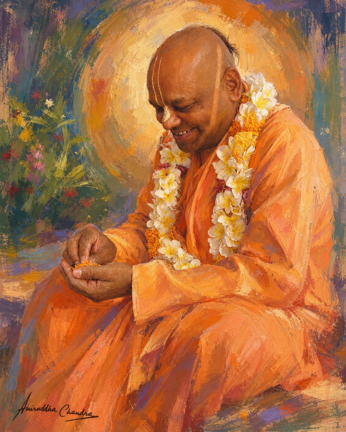 Vibrant palette-knife portrait of Śrīla Rādhā Govinda Dāsa Gosvāmī Mahārāja smiling with flowers