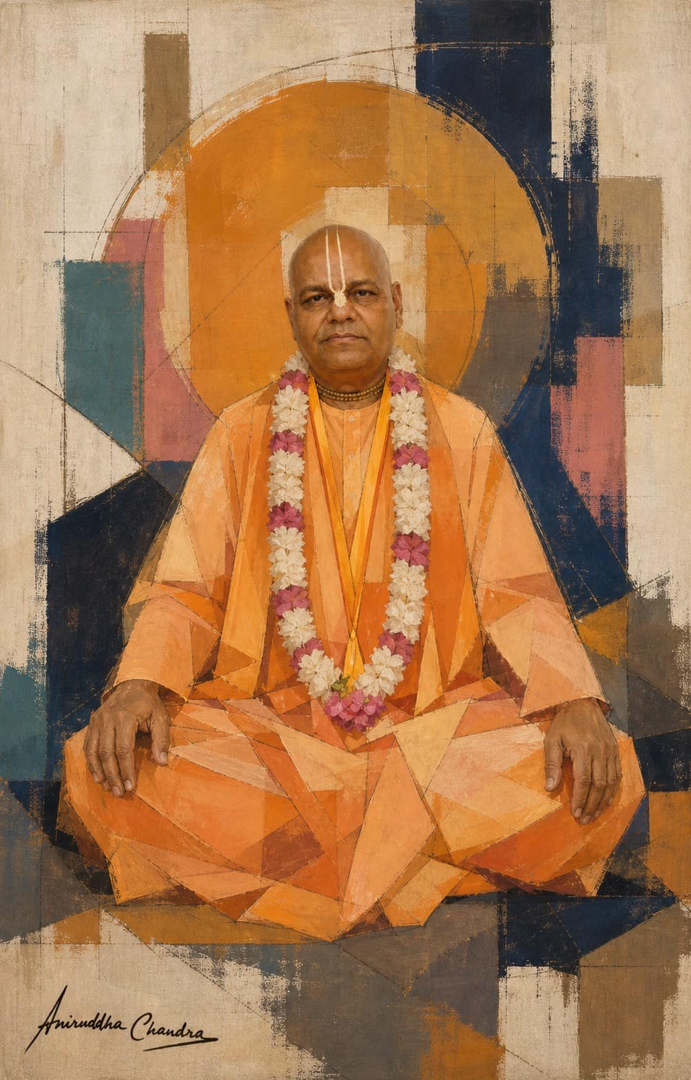 Abstract geometric portrait of Śrīla Rādhā Govinda Dāsa Gosvāmī Mahārāja seated in meditation