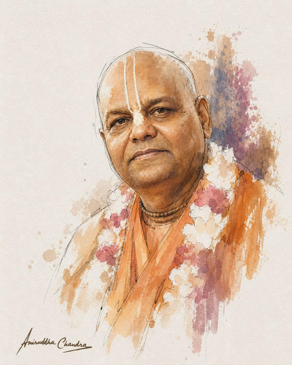 Loose watercolor and ink portrait of Śrīla Rādhā Govinda Dāsa Gosvāmī Mahārāja
