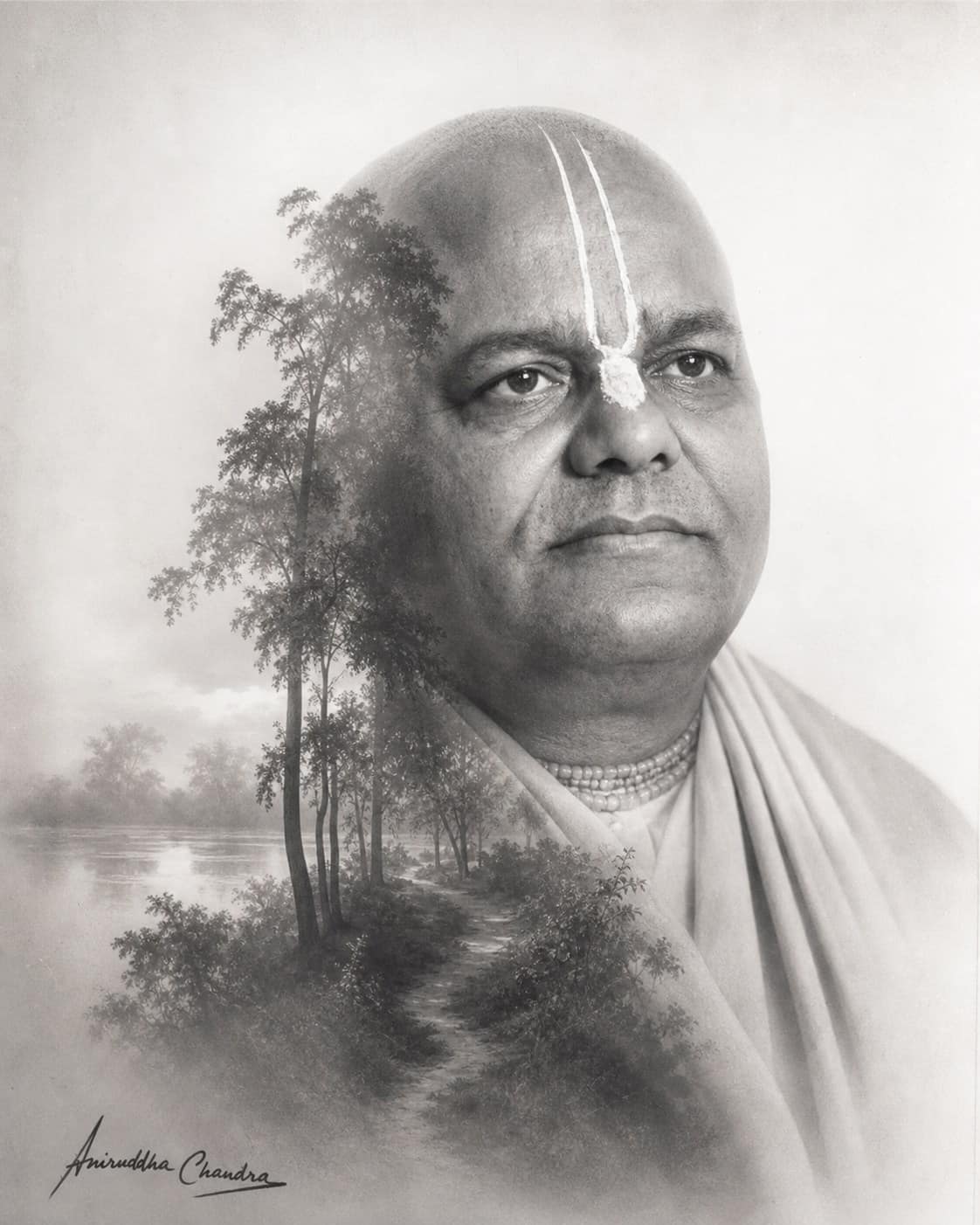 Black-and-white double-exposure portrait of Śrīla Rādhā Govinda Dāsa Gosvāmī Mahārāja with a forest river path