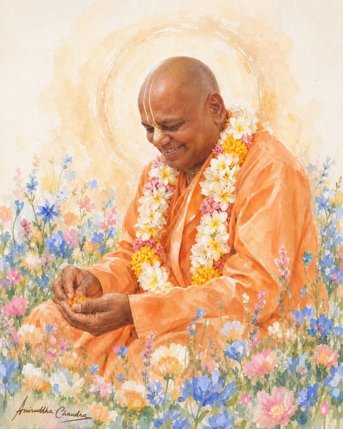Luminous watercolor portrait of Śrīla Rādhā Govinda Dāsa Gosvāmī Mahārāja seated among flowers