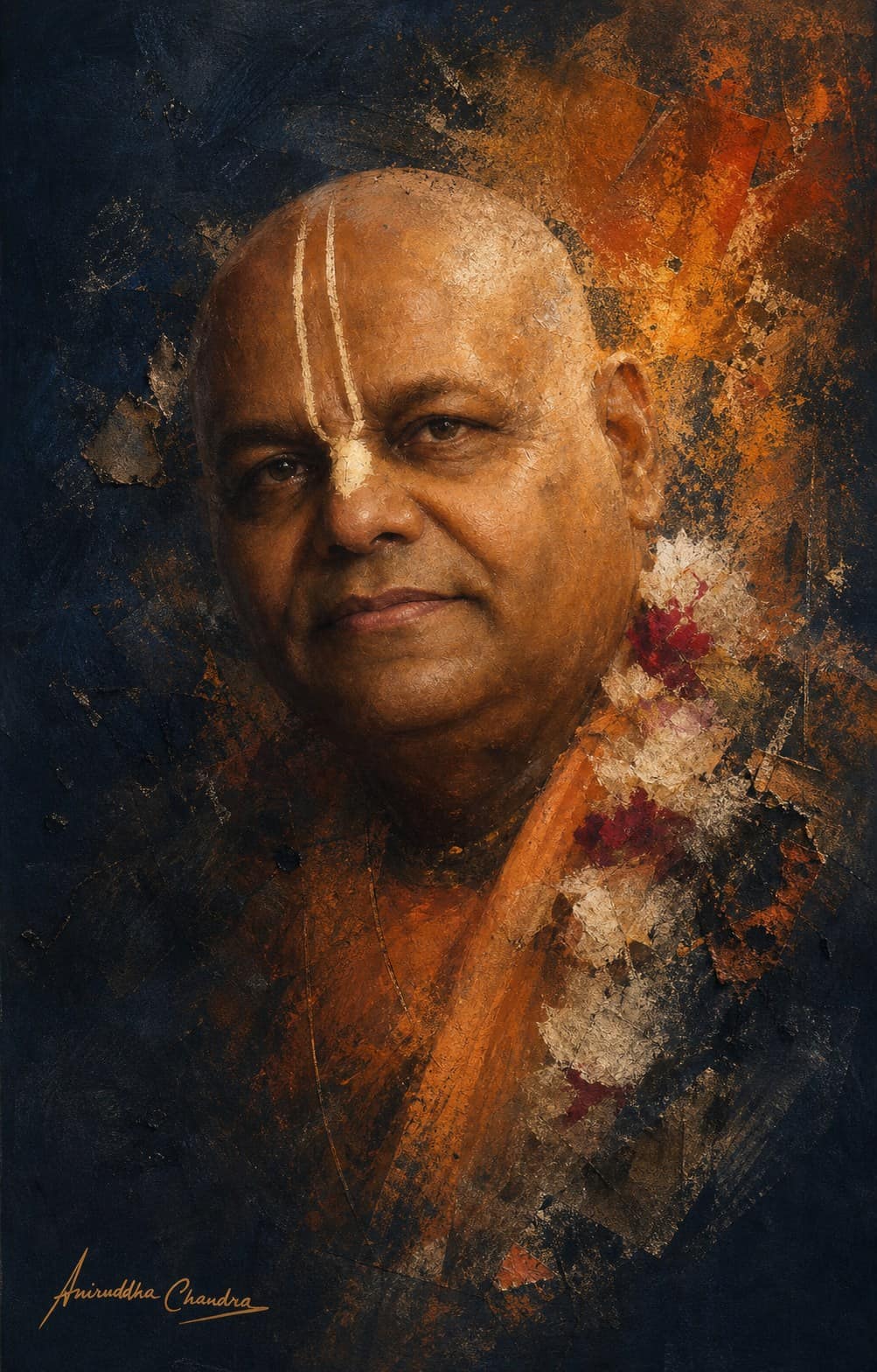 Dark indigo and saffron mixed-media portrait of Śrīla Rādhā Govinda Dāsa Gosvāmī Mahārāja