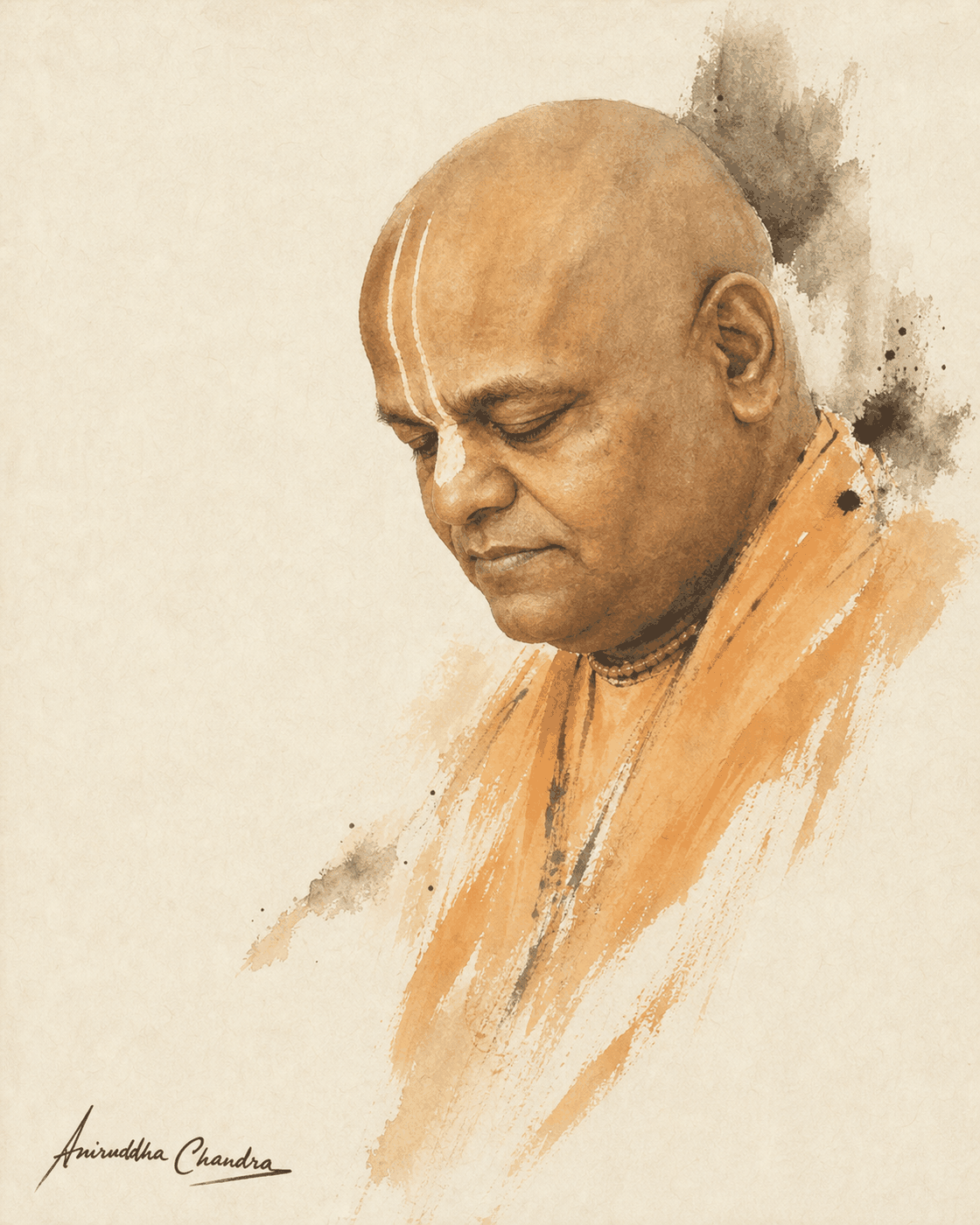 Transparent watercolor portrait of Śrīla Rādhā Govinda Dāsa Gosvāmī Mahārāja in quiet prayer