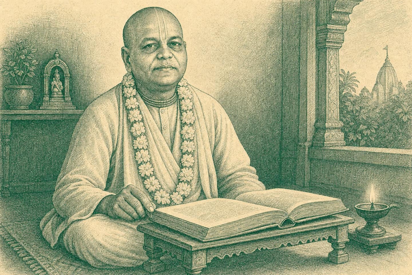 Emerald engraving of His Holiness Rādhā Govinda Dāsa Gosvāmī Mahārāja teaching from an open Śrīmad-Bhāgavatam